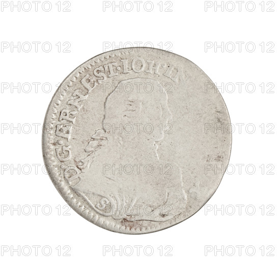 Trojak, Schröder, Justyn Karol (master of the Mitawa mint 1763–1764); Ernest Jan Biron (Duke of Courland and Semigallia; 1763–1769); Schröder, Jerzy Antoni, publisher; Ernest Jan Biron (Duke of Courland and Semigallia; 1690–1772) — iconography: coats of arms, Polish-Lithuanian Commonwealth (White Eagle), Pogon; princely male busts in armor and wigs, ruler's busts turned to the right; portraits in ceremonial rich armor; shields; Biron (family). Obverse: in the border a male bust in armor girded with a sash and wearing a wig, turned to the right, divided by an inscription in the rim; on the right shoulder the letters 'S D.G.ERNEST.IOH.IN...'. Reverse: under a crown/mitre separating the inscription in the rim two coats of arms with the Eagle and the Chaser, below the numeral 3 with letters, in the rim 'RLAND.', 1764. Duchy of Courland and Semigallia, Mitawa; coin; weight 1.45 g.