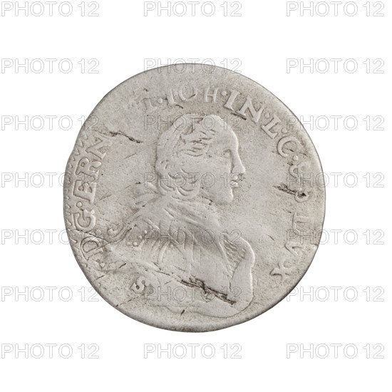 Obverse: In the border a male bust in armour girded with a sash and wearing a wig, turned to the right, divided by an inscription in the rim; on the right shoulder the letters 'S D.G.ERN, IN.LC&.S.DVX'. Reverse: Under a crown/mitre separating the rim inscription, two heraldic shields with the White Eagle and the Pogon; below the numeral of value '3' and the letters 'MON.A, LAND.1764'. Trojak coin (1764), Mitawa (Mitau), Duchy of Courland and Semigallia; weight 1.46 g. Maker/issuer: Justyn Karol Schröder (master of the Mitawa mint 1763–1764); portrait/subject: Ernest Jan Biron (Duke of Courland and Semigallia). Style: princely ruler busts, male portraits in ceremonial/rich armour; iconography includes coats of arms (White Eagle, Pogon) and heraldic shields.