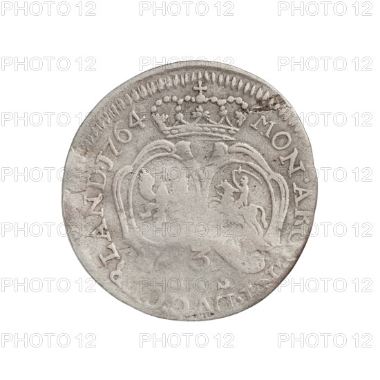 Trojak by Justyn Karol Schröder (master of the Mitawa mint 1763–1764); obverse: male bust in armour with sash and wig, turned right, divided by rim inscription, right shoulder lettered 'S D.G.ERN, IN.LC&.S.DVX'; reverse: under crown mitre separating rim inscription two shields with the Eagle and the Chaser, below the numeral '3' the letters and rim legend 'MON.A, LAND.1764'; 1764, Duchy of Courland and Semigallia, Mitawa; coin, weight 1.46 g.