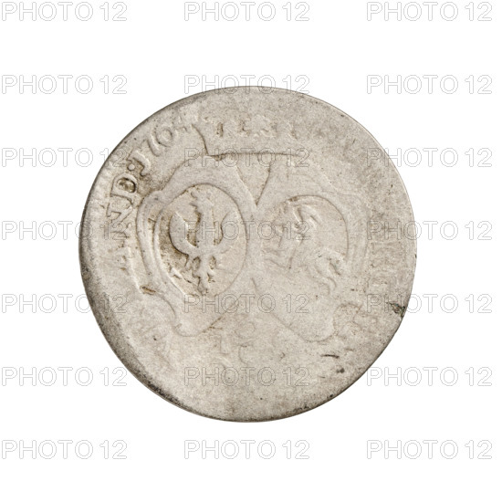 Trojak, Schröder, Justyn Karol (master of the Mitawa mint 1763–1764). Ernest Jan Biron (Duke of Courland and Semigallia; 1763–1769). Obverse: outline of a bust; rim inscription '&.S.DVX'. Reverse: crowned mitre separating rim inscription; two coats of arms (White Eagle and Pogon), numeral of value '3' with letters beneath. Coats of arms of Polish–Lithuanian Commonwealth and Biron family. Inscription 'AND.1764', dated 1764. Duchy of Courland and Semigallia, Mitawa. Coin; weight 1.50 g.