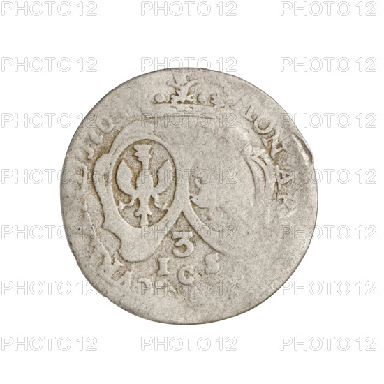 Trojak by Justyn Karol Schröder (master of the Mitawa mint 1763–1764), 1764. Coin of the Duchy of Courland and Semigallia, Mitawa; weight 1.59 g. Obverse: in the border, a male bust in armor girded with a sash and wearing a wig, turned to the right, dividing the rim inscription; crowned mitre separating the rim inscription; bust of Ernest Jan Biron (Duke of Courland and Semigallia; 1690–1772). Reverse: value numeral 3 with letters ICS beneath; two coats of arms showing the White Eagle and Pogon (Chaser) on heraldic shields; coats of arms and inscriptions in rim MON. AR. CVRLAND. 1764. Iconography: busts, heraldic shields, princely portrait, inscriptions.