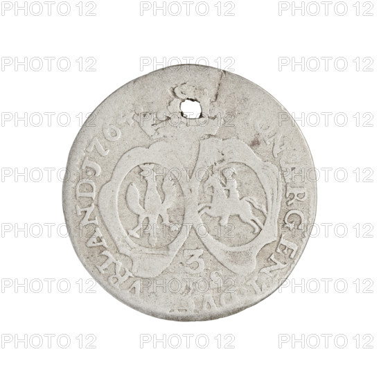 Trojak by Justyn Karol Schröder (master of the Mitawa mint 1763–1764), 1764. Duchy of Courland and Semigallia, Mitawa. Silver coin (trojak), weight 1.47 g. Obverse: Illegible legend; under the capitular mitre separating the rim inscription, two shielded coats of arms showing the White Eagle and the Pogon; below, the numeral 3 with letters beneath. Rim inscription: RGENT.DV VRLAND.1764. Depicts Ernest Jan Biron (Duke of Courland and Semigallia; 1763–1769) and Biron family arms.
