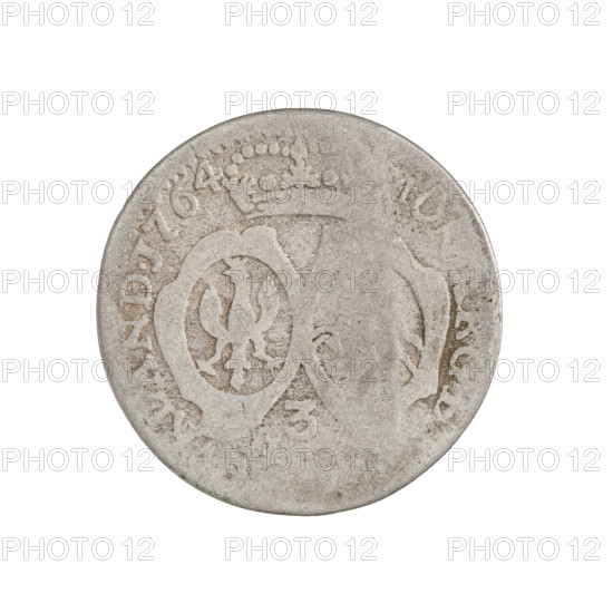 Trojak, Schröder, Justyn Karol (master of the Mitawa mint 1763–1764); Ernest Jan Biron (Duke of Courland and Semigallia; 1763–1769). Obverse: Outline of a bust turned right; illegible inscription in the rim. Reverse: Under a crowned mitre separating the rim inscription, two coats of arms (White Eagle and Pogon), below the numeral of value '3' and letters; rim inscription includes 'MON.ARGE.. ]CVRLAND.1764'. 1764. Duchy of Courland and Semigallia, Mitawa. Coin (trojak), weight 1.37 g.