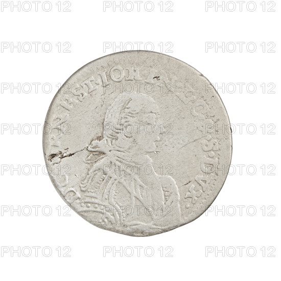 Trojak; maker: Schröder, Jerzy Antoni (publisher) and Schröder, Justyn Karol (master of the Mitawa mint 1763–1764). Subject: Ernest Jan Biron (Duke of Courland and Semigallia; 1690–1772) — iconography includes coats of arms, busts, White Eagle (coat of arms), Pursuit (coat of arms), princely and male busts, male portraits facing right, ruler's busts in ceremonial armor, shields; family: Biron. Obverse: in the border a male bust in armor girded with a sash and wearing a wig, facing right, separated by an inscription in the rim; on the right shoulder the letters S D.G.ERNEST.IOH.IN.LC&.S.DVX. Reverse: under the crowned mitre separating the inscription in the rim, two coats of arms with the Eagle and the Chaser, below the numeral of value 3 under which the letters MON.ARG, 1764. Duchy of Courland and Semigallia, Mitawa; coin; weight 1.51 g.
