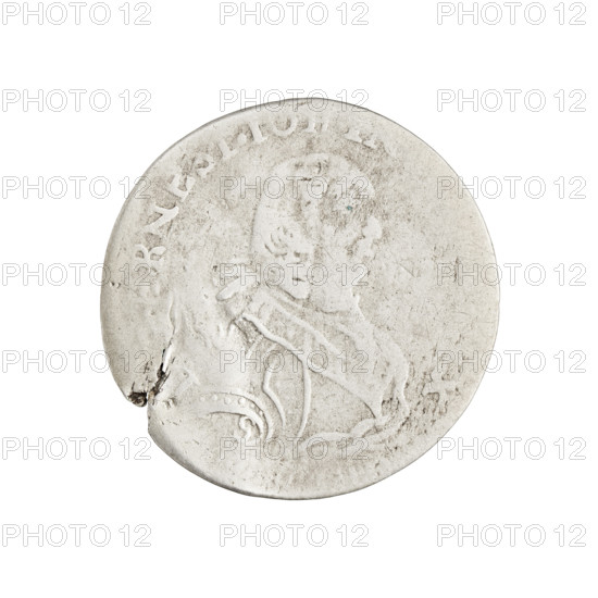 Trojak; publisher: Jerzy Antoni Schröder; engraver/maker: Justyn Karol Schröder (master of the Mitawa mint 1763–1764). Subject: Ernest Jan Biron (Duke of Courland and Semigallia; 1690–1772). Iconography: coats of arms, White Eagle, Pursuit (coat of arms), princely bust, male bust in armor, bust of the ruler turned right, portrait in ceremonial/rich armor, shields. Obverse: in the border a male bust in armor girded with a sash and wearing a wig, turned to the right, divided by an inscription in the rim; on the right shoulder the letter S; inscription RNEST.IOH.I, X - Rw. Reverse: under the crown/mitre separating the rim inscription two coats of arms with the Eagle and the Chaser; below the numeral 3 under which the letters ICS. Rim legend: MON.ARGENT.DVC.CVRLA - 1764. Place and function: Duchy of Courland and Semigallia, Mitawa; coin. Weight: 1.15 g.
