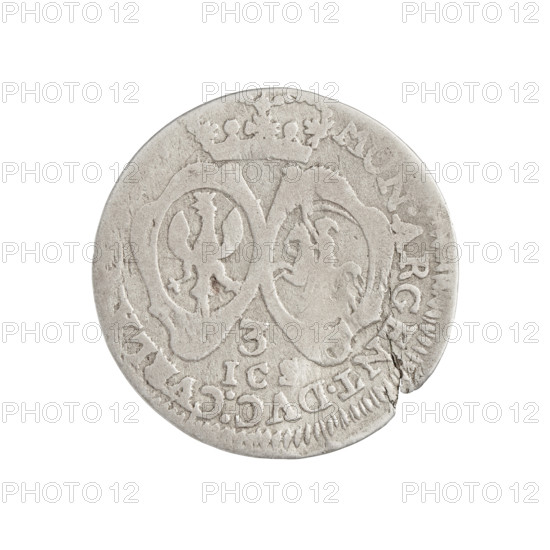trojak; maker/publisher: Schröder, Jerzy Antoni; engraver/master: Schröder, Justyn Karol (master of the Mitawa mint 1763–1764). Subject: Ernest Jan Biron (Duke of Courland and Semigallia; 1690–1772). Iconography: coats of arms, White Eagle, Pursuit (chaser) coat of arms, princely busts, male busts in armor, bust of the ruler turned right, male portrait right, portraits in ceremonial/rich armor, shields. Obverse: in the border a male bust in armor girded with a sash and wearing a wig, turned to the right, divided by an inscription in the rim; on the right shoulder the letter S; inscription RNEST.IOH.I, X - Rw. Reverse: under the crown mitre separating the inscription in the rim two coats of arms with the Eagle and the Chaser; below the number 3 under which the letters ICS. Rim inscription MON.ARGENT.DVC.CVRLA, 1764. Object: Duchy of Courland and Semigallia coin (trojak), Mitawa; weight 1.15 g.