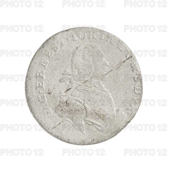 Trojak, Schmickert, Jan Fryderyk (fl. 1764–1765); obverse: in the border a male bust in armor girded with a sash and wearing a wig, turned to the right, divides the inscription in the rim D.G.ERNEST.IOH.; reverse: under the ruler's mitre separating the inscription in the rim two coats of arms with the White Eagle and Pogon, below the value numeral 3 with letters IF beneath; rim inscription MON.ARGENT.DVC.LAND.; 1765; Ernest Jan Biron (Duke of Courland and Semigallia; 1690–1772); Duchy of Courland and Semigallia, Mitawa; coin; weight 1.53 g; iconography: coats of arms, busts, princely/male busts in armor, busts of the ruler to the right, male portraits to the right, portraits in parade/rich armor, shields; Biron (family).