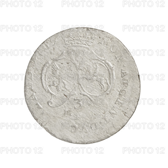 Obverse: In the border a male bust in armor girded with a sash and wearing a wig, turned to the right, divides the inscription in the rim D.G.ERNEST.IOH. Reverse: Under the ruler's mitre, separating the inscription in the rim, two coats of arms with the White Eagle and the Pogon (Chase); below the value numeral 3 under which the letters IF. Rim inscription MON.ARGENT.DVC.LAND. Date: 1765. Maker: Schmickert, Jan Fryderyk (fl. 1764–1765). Subject/Person: Ernest Jan Biron (Duke of Courland and Semigallia; 1690–1772). Type: coin of the Duchy of Courland and Semigallia, Mitawa. Weight: 1.53 g. Iconography: bust of the ruler in parade armor and wig to the right; princely/male busts; coats of arms; shields; inscriptions; Biron family.