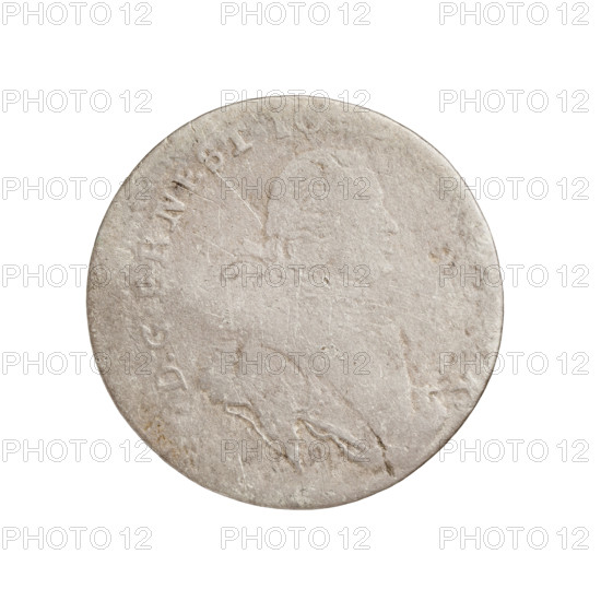 Obverse: In the border a male bust in armor girded with a sash and wearing a wig, turned to the right, divides the inscription in the rim D.G.ERNEST.IO. Reverse: Under the ruler's mitre separating the inscription in the rim two coats of arms with the White Eagle and the Pogon (Pursuit), below a numeral of value 3 under which the letters .IF; in the rim .DVC.CVRLAND. - 1765. Trojak by Jan Fryderyk Schmickert (fl. 1764–1765), depicting Ernest Jan Biron (Duke of Courland and Semigallia; 1690–1772). Coin from the Duchy of Courland and Semigallia, Mitawa; weight 1.39 g.