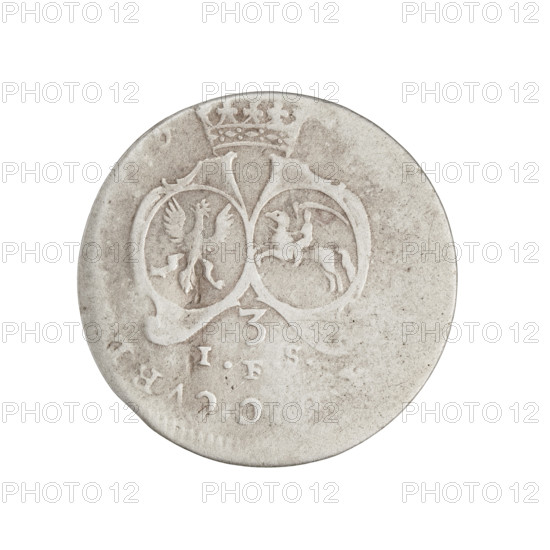 trojak; Schmickert, Jan Fryderyk (fl. 1764–1765); Ernest Jan Biron (Duke of Courland and Semigallia; 1763–1769); coats of arms: Polish–Lithuanian Commonwealth (White Eagle), Pogon; Biron (family). Obverse: outline of a bust turned right; illegible inscription in the rim. Reverse: under the crowned mitre separating the rim inscription, two coats of arms with the Eagle and the Chaser; below the value digit 3 under which the letters .IFS.; rim inscription illegible. 1765; Duchy of Courland and Semigallia, Mitawa; coin; weight 1.67 g.
