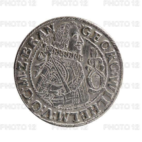 Obv. Bust in a wide ruff and armor facing right, girded with a sash. A sceptre in his right hand. In front of the bust, on the right side in the coin field, a helmet with a plume and a raised visor. The figure's head divides the inner rim. In the rim between the rims is the inscription GEORG:WILHELM:V:G:G:M:Z:BRAN. Rev. Below the ducal mitre is a five-field coat of arms with ornaments. On the sides of the shield are the date numerals ZZ. In the rim between the borders an inscription divided by a mitre and ending with a heart D:H:R:R:ERT:C:V:CHVRF:I:P:Z:G:G:B:H. 1622. Ducal Prussia (1525–1701), Königsberg. Coin: diameter 29.4 mm, weight 6.16 g, axis 0°.