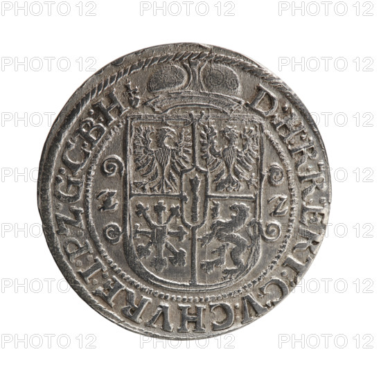 Obv. Bust in a wide ruff and armor facing right, girded with a sash. A sceptre in his right hand. In front of the bust, on the right side in the coin field, a helmet with a plume and a raised visor. The figure's head divides the inner rim. In the rim between the rims is the inscription GEORG:WILHELM:V:G:G:M:Z:BRAN. Rev. Below the ducal mitre is a five-field coat of arms with ornaments. On the sides of the shield are the date numerals ZZ. In the rim between the borders an inscription divided by a mitre and ending with a heart D:H:R:R:ERT:C:V:CHVRF:I:P:Z:G:G:B:H. 1622. Ducal Prussia (1525–1701), Königsberg. Coin: diameter 29.4 mm, weight 6.16 g, axis 0°.