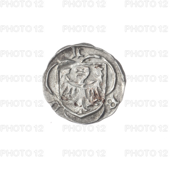 Heller, Louis II (Duke of Brzeg; ca. 1380–1436) and Jadwiga of Silesia (St.; 1174–1243); obverse: in the trefoil a shield with the Silesian eagle, letters L/D - B at top and sides; reverse: bust of Saint Jadwiga with image of a church; motifs: eagles, Silesian eagle, Silesian coat of arms, shields, coat of arms, letters, models of churches; coin, dated 1399–1436; Duchy of Brzeg-Legnica-Wolów (Silesia), Brzeg; weight 0.35 g; axis 90 degrees.