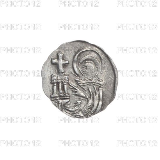 Louis II (Duke of Brzeg; ca. 1380–1436); Jadwiga of Silesia (St.; 1174–1243); Silesian eagle and Silesian coat of arms iconography; shields (shield with eagle); coat of arms; letters L/D - B; models of churches. Obverse: in the trefoil a shield with the Silesian eagle, letters L/D - B at top and sides. Reverse: bust of Saint Jadwiga with image of a church. Coin, 1399–1436, Silesia (Duchy of Brzeg-Legnica-Wolów, Brzeg); weight 0.35 g; axis 90°.