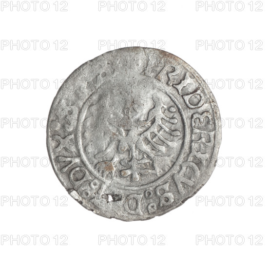 grosz, Frederick II (Duke of Brzeg-Legnica; 1480–1547); obverse: Silesian eagle and inscription FRIDERICVS:D:DUX:S between pearl borders; reverse: half-figure of Saint Jadwiga of Silesia (St.; 1174–1243) holding model of a church with inscription +MONETA:DV:LEGNI:ENSI; date range 1505–1547; Silesia, Duchy of Brzesko-Legnica-Wolów, Legnica; coin; weight 1.74 g; axis 225 degrees.