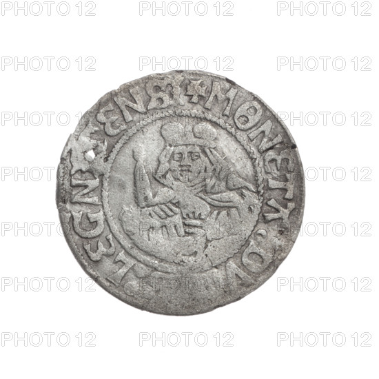 Frederick II (Duke of Brzeg-Legnica; 1480–1547) coin depicting eagles and the Silesian eagle iconography; obverse legend in rim between pearl borders: 'FRIDERICVS:D:DUX:S'; reverse half-figure of Saint Jadwiga of Silesia (St. Jadwiga; 1174–1243) holding an image/model of a church, reverse rim inscription: '+MONETA:DV:LEGNI:ENSI'; dated 1505–1547; region: Silesia, Duchy of Brzesko–Legnica–Wolów, Legnica; weight 1.74 g; axis 225°.