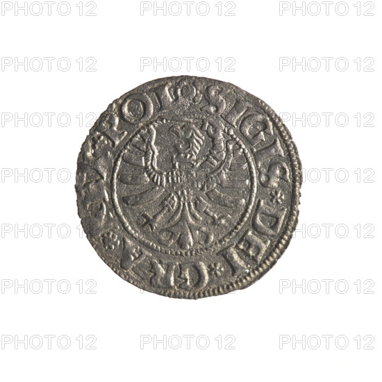 Gdansk szelag, Sigismund I the Old (King of Poland; 1506–1548); Polish coin (1532). Obverse: Eagle of Royal Prussia; in the rim between pearl-shaped borders the inscription '.SIGIS.DEI.GRA.' Reverse: Coat of arms of Gdansk; in the rim between pearl-shaped borders the inscription '.MONE.CIVI.DANCZ.153Z'. Subjects/icons: eagle (coat of arms), Jagiellon dynasty, coats of arms; place: Gdansk, Poland.