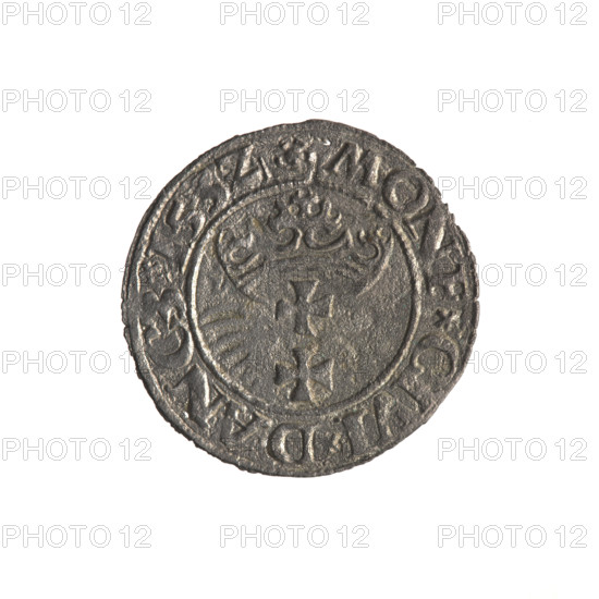 Gdansk szelag, Sigismund I the Old (King of Poland; 1506–1548). Obverse: Eagle of Royal Prussia; rim inscription between pearl-shaped borders: .SIGIS.DEI.GRA., X.POL. Reverse: Coat of arms of Gdansk; rim inscription between pearl-shaped borders: .MONE.CIVI.DANCZ.153Z. 1532. Coin; Gdansk, Poland. Subjects: Polish coins, eagle (coat of arms), eagles, Jagiellons (dynasty), coats of arms of cities.