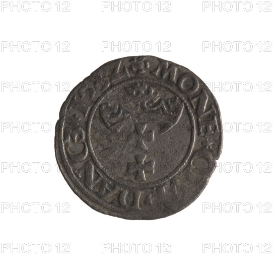 Gdansk szelag, Sigismund I the Old (King of Poland; 1506–1548); Polish coin; obverse: Eagle of Royal Prussia, in the rim between pearl-shaped borders an inscription SIGIS.DEI.GRA.REX.POL; reverse: Coat of arms of Gdansk, in the rim between pearl-shaped borders an inscription .MONE.C.DANCZ.15Z.1532; Gdansk, Poland.