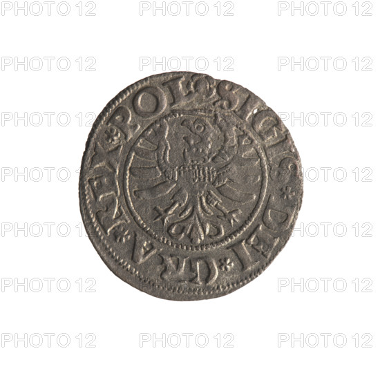 Gdansk szelag, Sigismund I the Old (King of Poland; 1506–1548). Copper coin (szelag), 1532, Gdansk, Poland. Obverse: Eagle of Royal Prussia; rim between pearl-shaped borders with inscription '.SIGIS.DEI.GRA.REX.POL'. Reverse: Coat of arms of Gdansk; rim between pearl-shaped borders with inscription '.MONE.CIVI.DANCZ.1532'. Motifs: eagle (coat of arms), Jagiellon dynasty, city coats of arms.