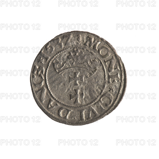 Gdansk szelag, Sigismund I the Old (King of Poland; 1506–1548); Polish coin; obverse: Eagle of Royal Prussia, rim between pearl-shaped borders with inscription '.SIGIS.DEI.GRA.REX.POL'; reverse: Coat of arms of Gdansk, rim between pearl-shaped borders with inscription '.MONE.CIVI.DANCZ.153Z'; dated 1532; Gdansk, Poland.