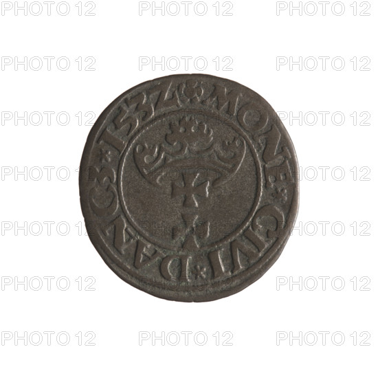 Gdansk szelag, Sigismund I the Old (King of Poland; 1506–1548). Polish coin (1532). Obverse: Eagle of Royal Prussia; in the rim between pearls an inscription: .SIGIS.DEI.GRA.REX.POLONI. Reverse: Coat of arms of Gdansk; in the rim between pearls an inscription: .MONE.CIVI.DANCZ.153Z. Gdansk, Poland.
