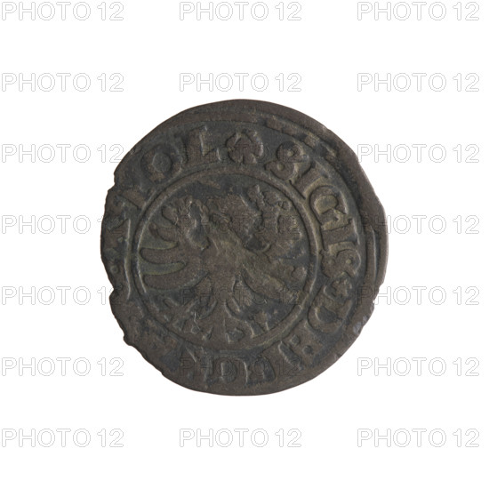 Gdansk szelag, Sigismund I the Old (King of Poland; 1506–1548), Polish coin depicting eagle (coat of arms); Jagiellon dynasty; Obverse: Eagle of Royal Prussia, in rim between pearls an inscription: .SIGIS.DEI.GRA. POL; Reverse: Coat of arms of Gdansk, in rim between pearls an inscription: .MONE.CIVI.DANCZ.1531; dated 1531; Gdansk, Poland; coin