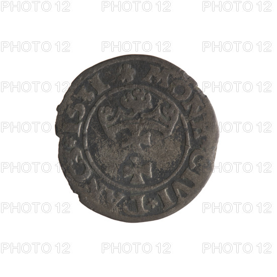 Gdansk szelag, Sigismund I the Old (King of Poland; 1506–1548); Polish coin; motifs: Eagle (coat of arms), Jagiellon dynasty, city coats of arms, Gdansk coat of arms. Obverse: Eagle of Royal Prussia, rim inscription between pearls: .SIGIS.DEI.GRA., .POL. Reverse: Coat of arms of Gdansk, rim inscription between pearls: .MONE.CIVI.DANCZ.1531. Date: 1531. Place: Gdansk, Poland.