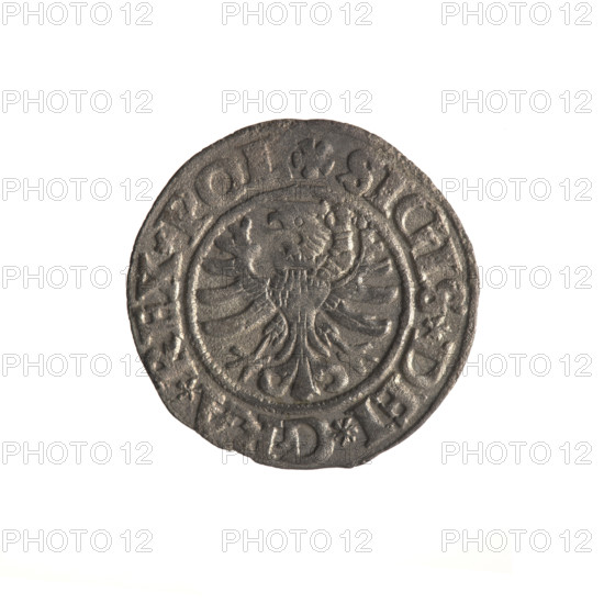 Gdansk szelag, Sigismund I the Old (King of Poland; 1506–1548). Obverse: Eagle of Royal Prussia; in the rim between pearly borders an inscription: .SIGIS.DEI.GRA.REX.POL. Reverse: Coat of arms of Gdansk; in the rim between pearly borders an inscription: .MONE.CIVI.DANCZ.1531. 1531. Gdansk, Poland. Coin.