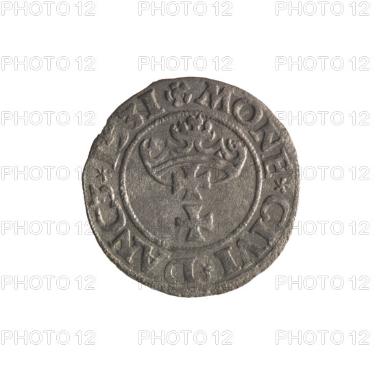 Gdansk szelag, Sigismund I the Old (King of Poland; 1506–1548). Obverse: Eagle of Royal Prussia; in the rim between pearly borders an inscription: .SIGIS.DEI.GRA.REX.POL. Reverse: Coat of arms of Gdansk; in the rim between pearly borders an inscription: .MONE.CIVI.DANCZ.1531. Date: 1531. Material: coin. Subject: Polish coin featuring eagles and coats of arms; Jagiellon dynasty. Location: Gdansk, Poland.