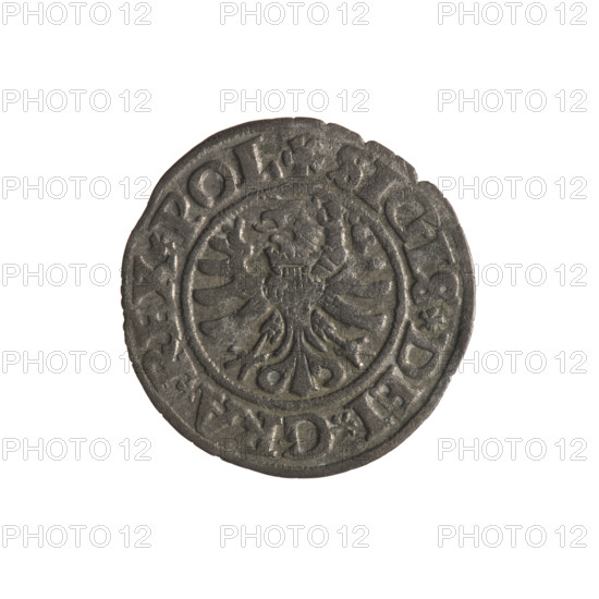 Gdansk szelag, Sigismund I the Old (King of Poland; 1506–1548). Silver coin (szelag), 1531. Obverse: Eagle of Royal Prussia; in the rim between pearl-shaped borders the inscription: .SIGIS.DEI.GRA.REX.POL. Reverse: Coat of arms of Gdansk; in the rim between pearl-shaped borders the inscription: .MONE.CIVI.DANCZ.1531. Gdansk, Poland.