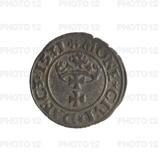 Gdansk szelag, Sigismund I the Old (King of Poland; 1506–1548). Obverse: Eagle of Royal Prussia; in the rim between pearl-shaped borders the inscription .SIGIS.DEI.GRA.REX.POL. Reverse: Coat of arms of Gdansk; in the rim between pearl-shaped borders the inscription .MONE.CIVI.DANCZ.1531. 1531. Coin; Polish, Gdansk.