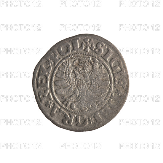 Gdansk szelag, Sigismund I the Old (King of Poland; 1506–1548). Polish coin (Gdansk, 1531). Obverse: Eagle of Royal Prussia, in the rim between pearly borders an inscription: .SIGIS., .GRA.REX.POL. Reverse: Coat of arms of Gdansk, in the rim between pearly borders an inscription: .MONE., VI.DANCZ.1531. Depicts eagle(s), Jagiellon dynasty, city coat of arms.