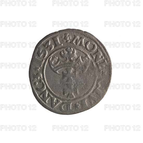 Gdansk szelag, Sigismund I the Old (King of Poland; 1506–1548). Polish coin, 1531. Obverse: Eagle of Royal Prussia; in the rim between pearly borders an inscription: .SIGIS., .GRA.REX.POL. Reverse: Coat of arms of Gdansk; in the rim between pearly borders an inscription: .MONE., VI.DANCZ.1531. Gdansk, Poland.