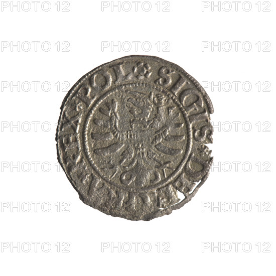 Gdansk szelag, Sigismund I the Old (King of Poland; 1506–1548), Polish coin, Obverse: Eagle of Royal Prussia, in the rim between pearls an inscription: .SIGIS.DEI.GRA.REX.POL; Reverse: Coat of arms of Gdansk, in the rim between pearls an inscription: .MON.CIVI.DANCZ.1531; dated 1531, Gdansk, Poland; motifs: eagle, Jagiellon dynasty, city coats of arms.