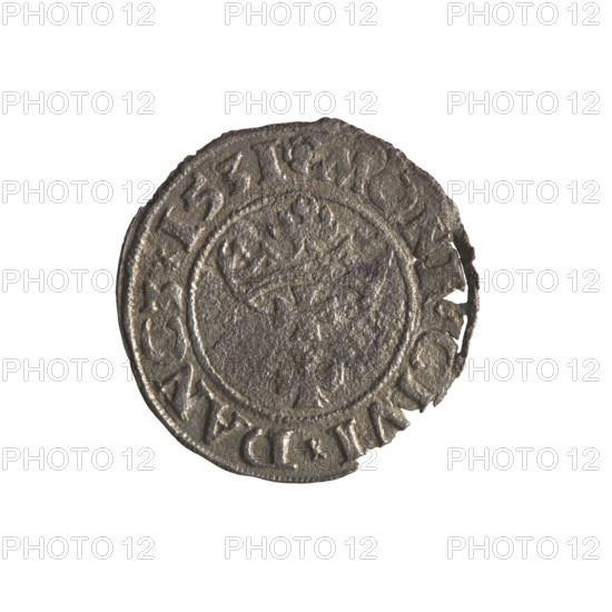 Gdansk szelag, Sigismund I the Old (King of Poland; 1506–1548). Polish coin (1531). Obverse: Eagle of Royal Prussia; in rim between pearls an inscription: .SIGIS.DEI.GRA.REX.POL. Reverse: Coat of arms of Gdansk; in rim between pearls an inscription: .MON.CIVI.DANCZ.1531. Features: eagle motifs, coats of arms, Jagiellon dynasty; Gdansk (Danzig), Poland.