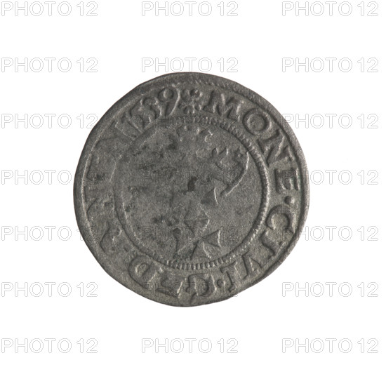 Gdansk szelag, Sigismund I the Old (King of Poland; 1506–1548). Obverse: Eagle of Royal Prussia; in the rim between pearls an inscription: .SIGIS.DEI.GRA.REX.POLO. Reverse: Coat of arms of Gdansk; in the rim between pearls an inscription: .MONE.CIVI.GED. N N. 1539. Emblems/coats of arms of cities; Jagiellon dynasty; eagles; Polish coin; Gdansk, Poland; 1539.