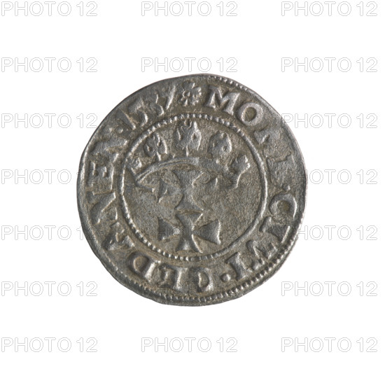 Gdansk szelag, Sigismund I the Old (King of Poland; 1506–1548). Obverse: Eagle of Royal Prussia; in the rim between pearls the inscription: .SIGIS.DEI.GR. Reverse: Coat of arms of Gdansk; in the rim between pearls the inscription: .MO. .CIVI.GEDANEN.1539. 1539. Features emblems/coats of arms of cities, Jagiellon dynasty eagles. Polish coin; Gdansk, Poland.