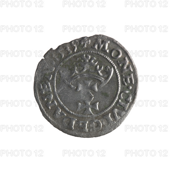 Gdansk szelag, Sigismund I the Old (King of Poland; 1506–1548). Obverse: Eagle of Royal Prussia, in the rim between pearls an inscription: .SIGIS.DEI.GRA.REX.POLON. Reverse: Coat of arms of Gdansk, in the rim between pearls an inscription: .MONE.CIVI.GEDANEN. Emblems and coats of arms of cities; Jagiellon dynasty; eagles. 1539. Poland, Gdansk. Coin.