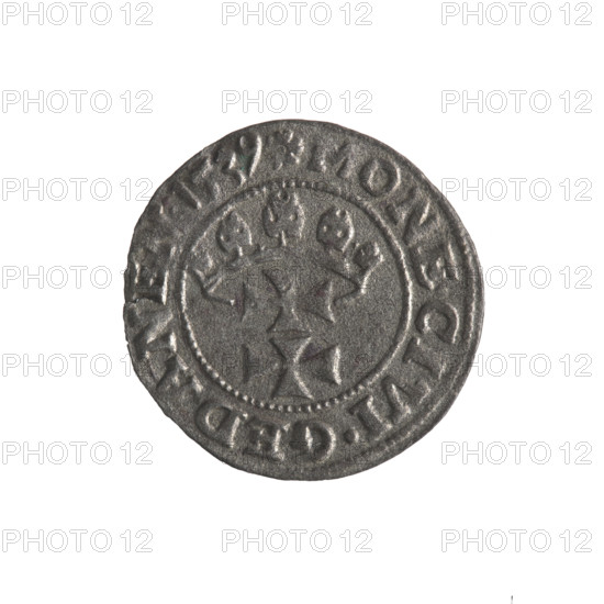 Gdansk szelag, Sigismund I the Old (King of Poland; 1506–1548). Obverse: Eagle of Royal Prussia, in the rim between pearls an inscription: .SIGIS.DEI.GRA.REX.POLO. Reverse: Coat of arms of Gdansk, in the rim between pearls an inscription: .MONE.CIVI.GEDANEN.1539. 1539. Copper coin; features emblems and coats of arms of cities, Jagiellon dynasty, eagles.