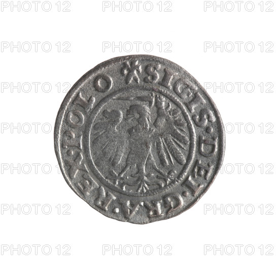 Gdansk szelag, Sigismund I the Old (King of Poland; 1506–1548). Obverse: Eagle of Royal Prussia, in the rim between pearls an inscription: .SIGIS.DEI.GRA.REX.POLO. Reverse: Coat of arms of Gdansk, in the rim between pearls an inscription: .MONE.CIVI.GEDANEN.1539. 1539. Features emblems/coats of arms of cities, Jagiellon dynasty symbols, eagles. Polish coin; Gdansk (coat of arms); Poland.