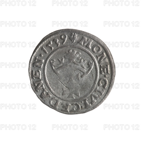 Gdansk szelag, Sigismund I the Old (King of Poland; 1506–1548). Obverse: Eagle of Royal Prussia, in the rim between pearls an inscription: .SIGIS.DEI.GRA.REX.POLO. Reverse: Coat of arms of Gdansk, in the rim between pearls an inscription: .MONE.CIVI.GEDANEN.1539. Emblems/coats of arms of cities; Jagiellons (dynasty); eagles. Polish coin; 1539; Poland, Gdansk.
