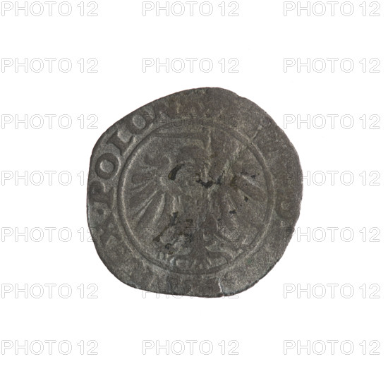 Gdansk szelag, Sigismund I the Old (King of Poland; 1506–1548). Obverse: Eagle of Royal Prussia, in the rim between pearl-shaped borders the inscription REX.POLON. Reverse: Coat of arms of Gdansk, in the rim between pearl-shaped borders the inscription MONE.CIVI.GEDA. 0, 1540. Poland, Gdansk. Emblems; coats of arms of cities; Jagiellon dynasty; eagles; Polish coin.