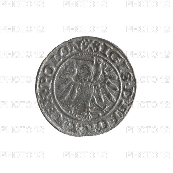 Gdansk szelag, Sigismund I the Old (King of Poland; 1506–1548); obverse: Eagle of Royal Prussia, in the rim between pearls an inscription: .SIGIS.DEI.GRA.REX.POLON; reverse: Coat of arms of Gdansk, in the rim between pearls an inscription: .MONE.CIVI.GEDANEN.1540; 1540; Poland, Gdansk; emblems, coats of arms of cities; Jagiellons (dynasty); eagles; Polish coin.