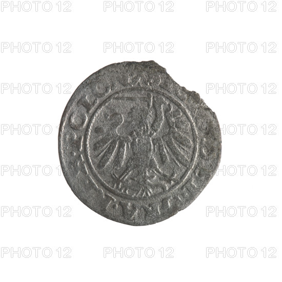 Gdansk szelag, Sigismund I the Old (King of Poland; 1506–1548). Obverse: Eagle of Royal Prussia, in the rim between pearls an inscription: DEI.GRA., .POLO. Reverse: Coat of arms of Gdansk, in the rim between pearls an inscription: .MO, .CIVI. Date: 1540. Features emblems and coats of arms of cities; Jagiellon dynasty; eagles. Polish coin, Gdansk.