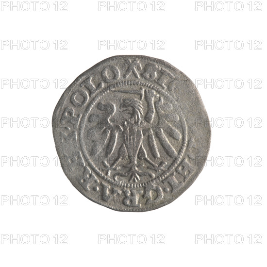 Gdansk szelag, Sigismund I the Old (King of Poland; 1506–1548). Obverse: Eagle of Royal Prussia; in the rim between pearls an inscription: .SI, EI.GRA.RE, .POLO. Reverse: Coat of arms of Gdansk; in the rim between pearls an inscription: .MONE.CIVI, ANEN.1540. 1540. Silver coin, Poland, Gdansk. Subjects/emblems: Gdansk coat of arms, emblems, coats of arms of cities, Jagiellon dynasty, eagles.