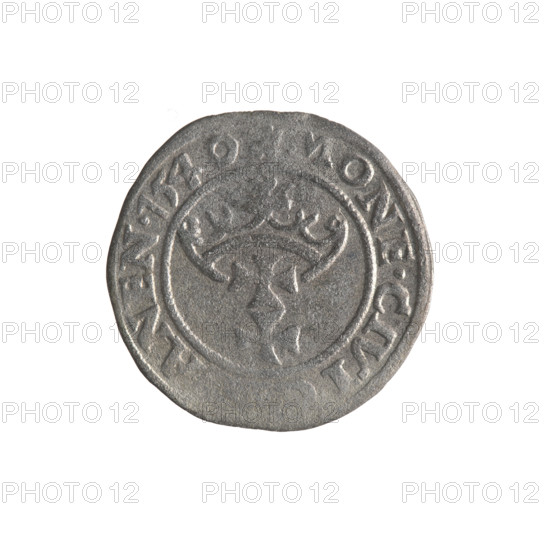 Gdansk szelag, Sigismund I the Old (King of Poland; 1506–1548). Obverse: Eagle of Royal Prussia, in the rim between pearls an inscription: .SI, EI.GRA.RE, .POLO. Reverse: Coat of arms of Gdansk, in the rim between pearls an inscription: .MONE.CIVI, ANEN. 1540. Emblems and coats of arms of cities; Jagiellon dynasty; eagles. Polish coin; 1540; Poland, Gdansk.