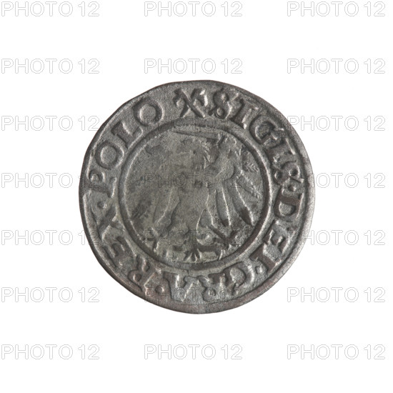 Gdansk szelag, Sigismund I the Old (King of Poland; 1506–1548). Obverse: Eagle of Royal Prussia; in the rim between pearls an inscription: .SIGIS.DEI.GRA.REX.POLO. Reverse: Coat of arms of Gdansk; in the rim between pearls an inscription: .MONE.CIVI.GEDANEN.1540. 1540. Features emblems/coats of arms of cities, Jagiellon dynasty eagles. Polish coin; Gdansk.