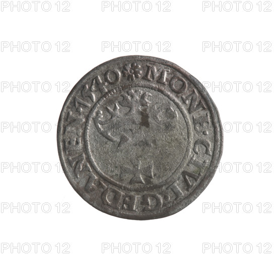 Gdansk szelag, Sigismund I the Old (King of Poland; 1506–1548). Obverse: Eagle of Royal Prussia, in the rim between pearls an inscription: .SIGIS.DEI.GRA.REX.POLO. Reverse: Coat of arms of Gdansk, in the rim between pearls an inscription: .MONE.CIVI.GEDANEN.1540. 1540. Polish silver coin featuring emblems and coats of arms of cities; Jagiellon dynasty; eagles.