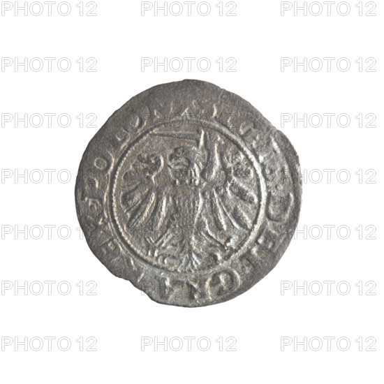 Gdansk szelag, Sigismund I the Old (King of Poland; 1506–1548). Obverse: Eagle of Royal Prussia, in the rim between pearls an inscription: GIS.DEI.GRA.REX.POLON. Reverse: Coat of arms of Gdansk, in the rim between pearls an inscription: .MONE.CIVI.GEDANEN.1540. 1540. Silver coin; emblems and coats of arms of cities; Jagiellon dynasty; eagles. Poland, Gdansk.